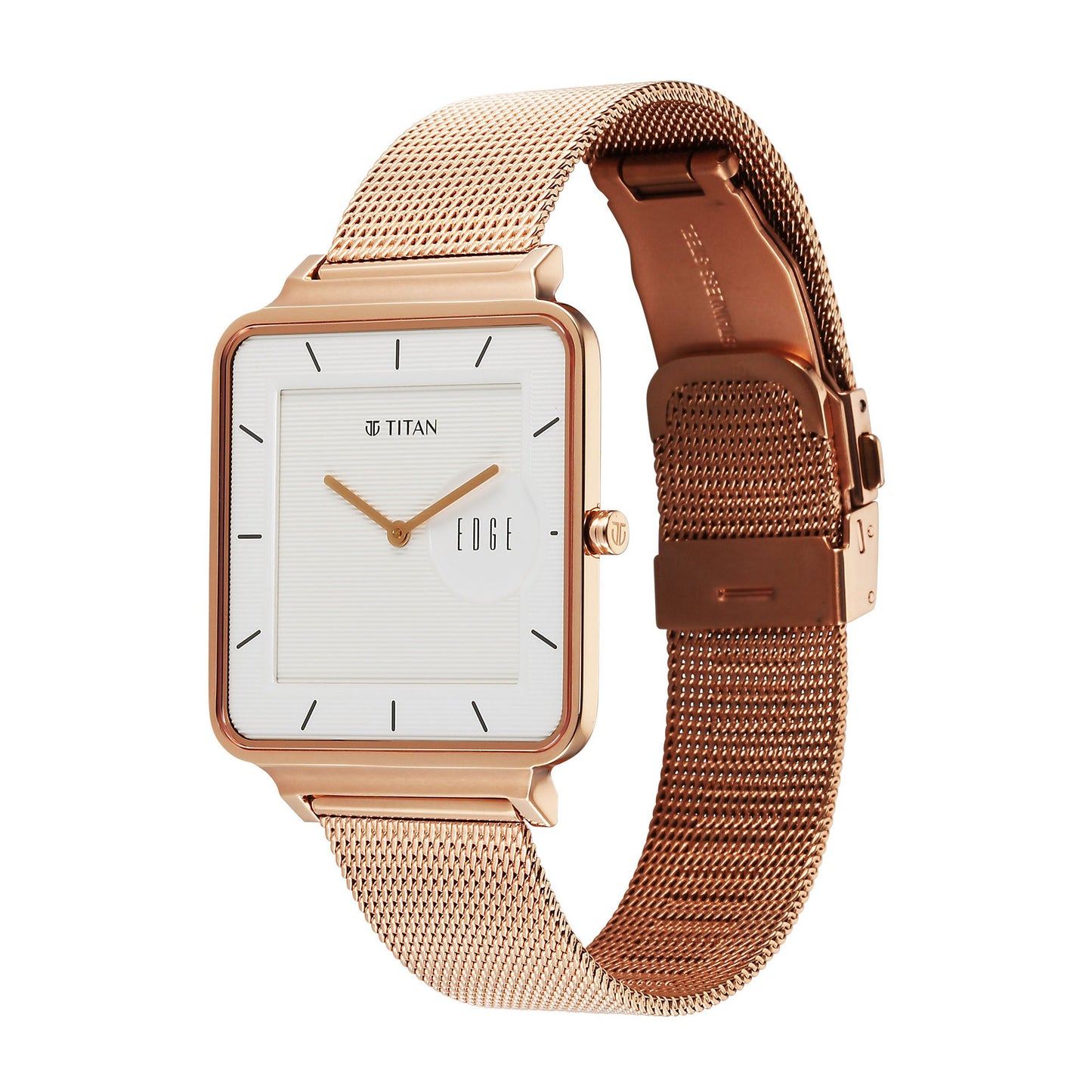 Titan Edge Quad Quartz Analog White Dial With Rose Gold Stainless Steel Strap Watch For Men