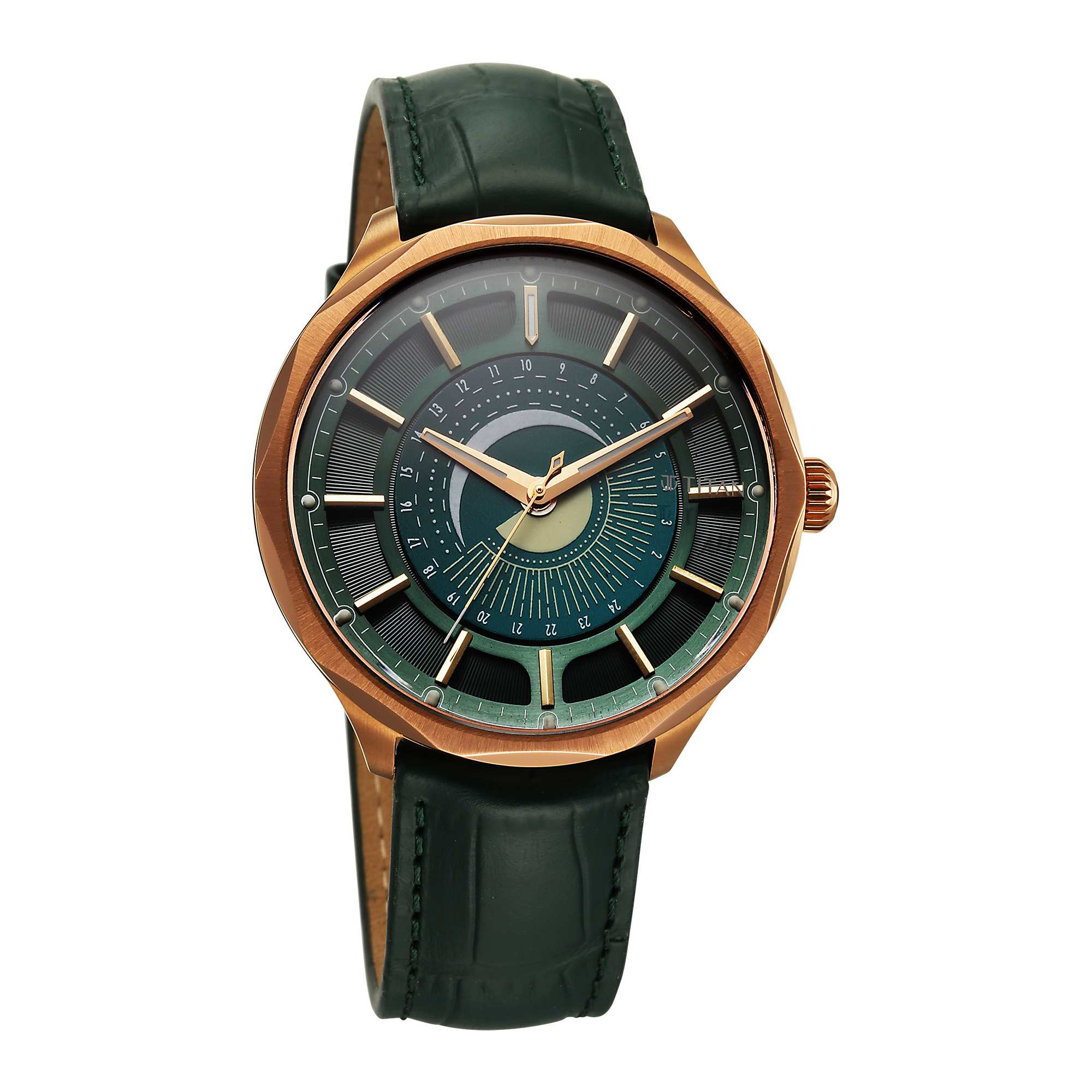 Titan Stellar Analog with Sun Moon Phase and Green Dial Green Leather Strap Watch for Men 10028QL01