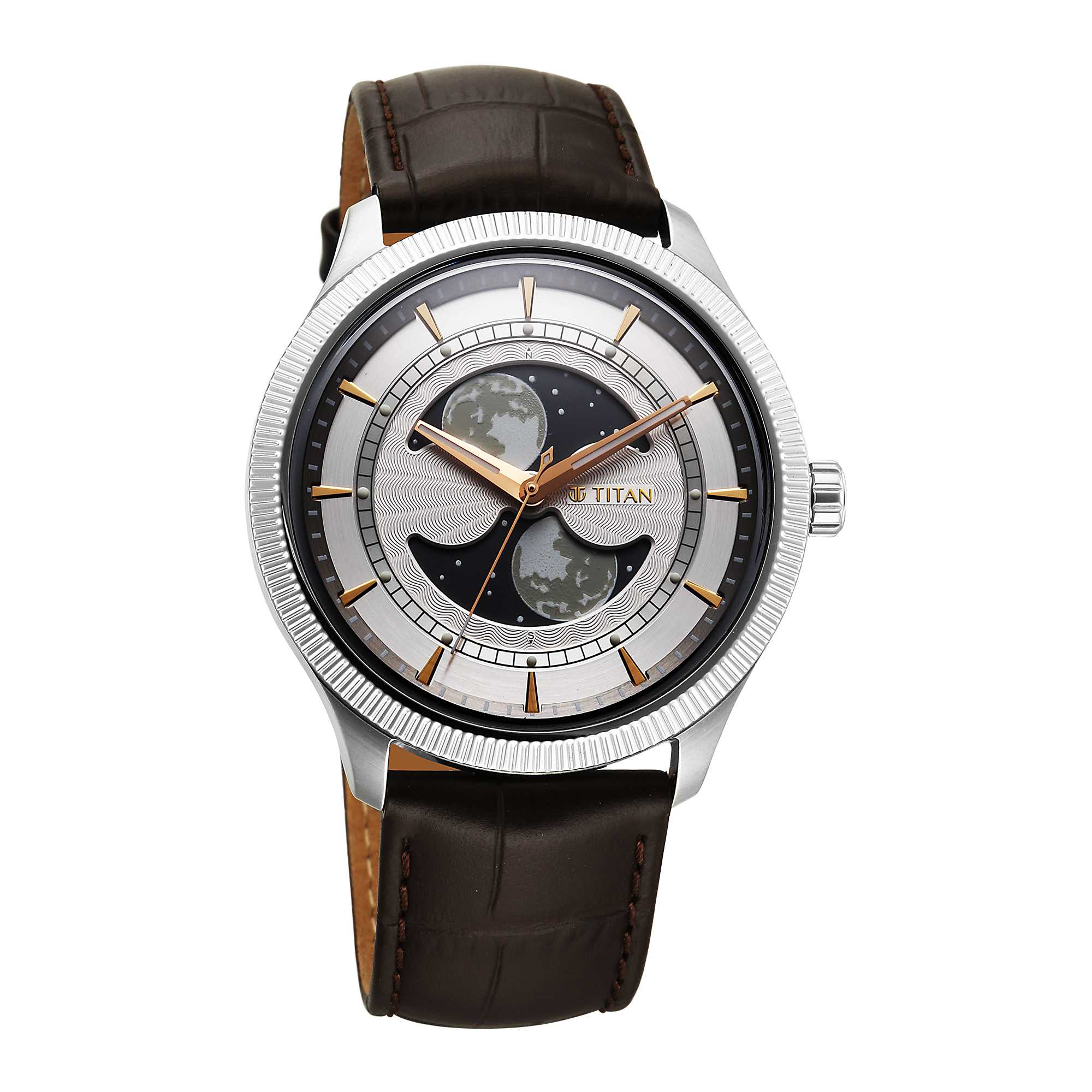 Titan Stellar Analog with Dual Moon Phase and Silver Dial Brown Leather Strap Watch for Men 10050SL01