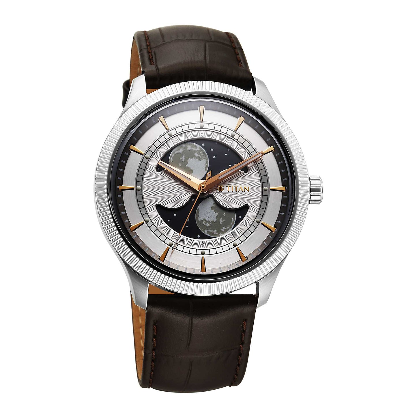 Titan Stellar Analog with Dual Moon Phase and Silver Dial Brown Leather Strap Watch for Men 10050SL01