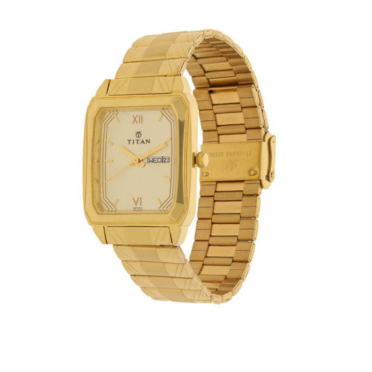 Titan Quartz Analog with Day and Date Champagne Dial Stainless Steel Strap Watch for Men