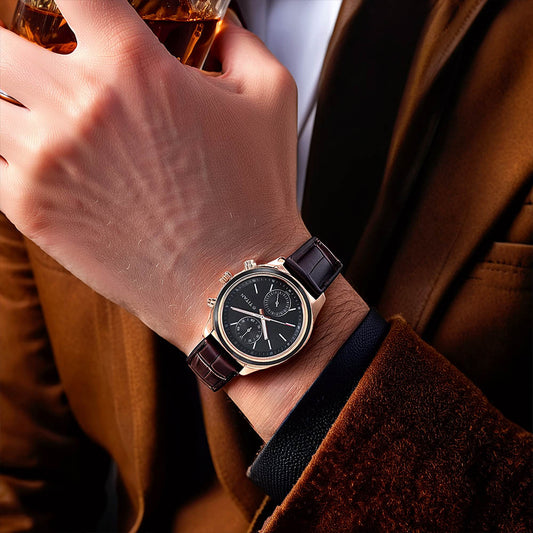 ساعة تيتان كوارتز متعددة الوظائف بمينا أزرق وبسوار جلدي للرجال