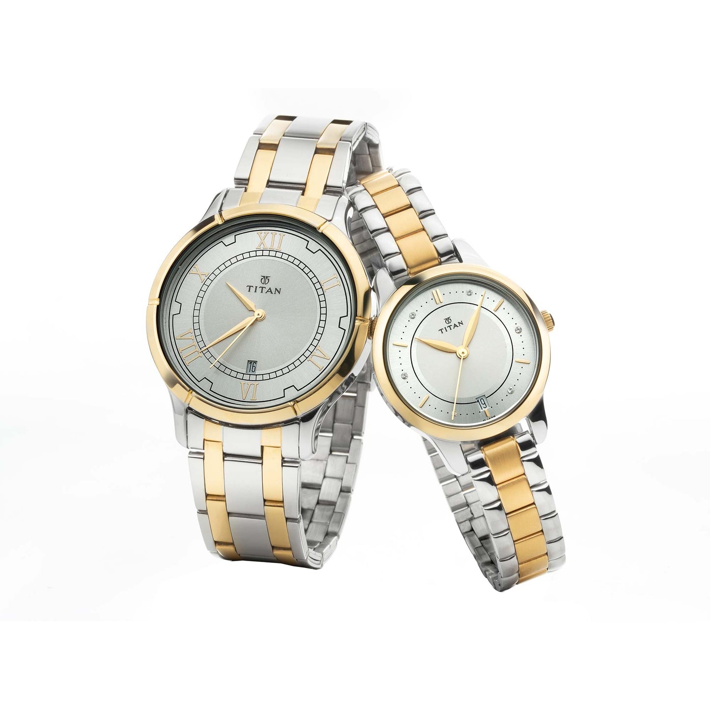 Titan Bandhan Silver Dial Two Toned Stainless Steel Strap Analog with Date Watch for Couple