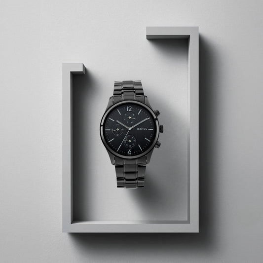 ساعة تيتان كوارتز متعددة الوظائف بمينا أسود وبسوار معدني للرجال