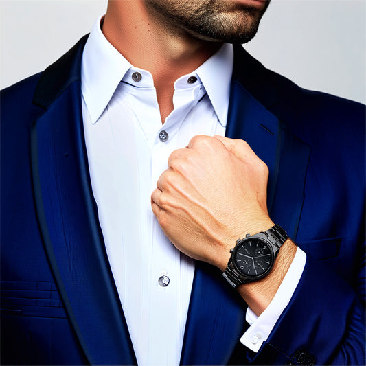 ساعة تيتان كوارتز متعددة الوظائف بمينا أسود وبسوار معدني للرجال