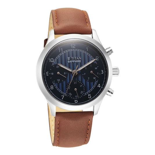Titan Sapphire Quartz Multifunction Blue Dial Leather Strap Watch for Men