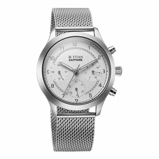 Titan Sapphire Quartz Multifunction White Dial Stainless Steel Strap Watch for Men