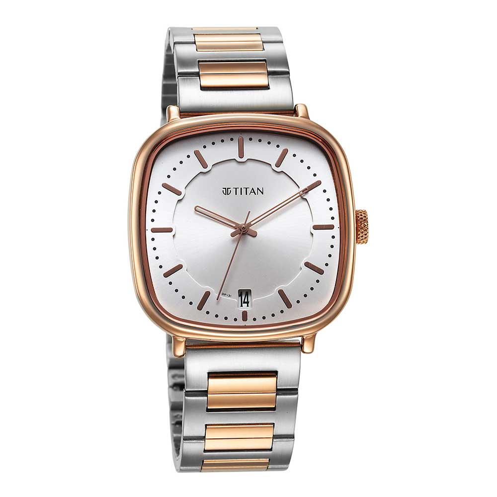 Titan Shaped Case Silver White Dial Metal Strap Watch