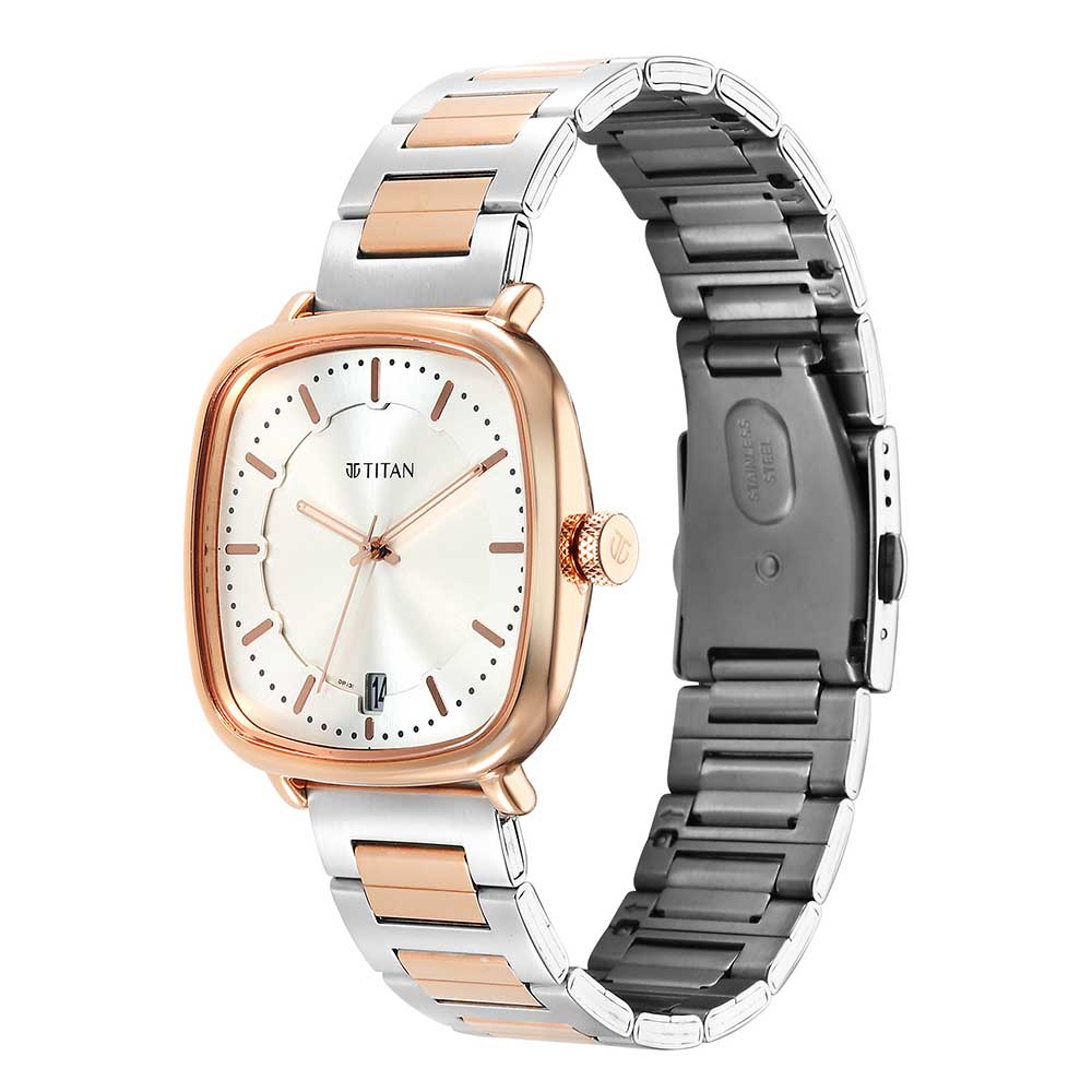 Titan Shaped Case Silver White Dial Metal Strap Watch