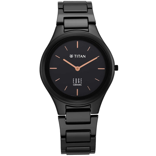Titan Edge Ceramic Quartz Analog Black Dial Black Ceramic Strap Watch For Women