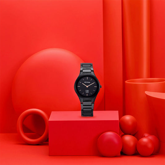 Titan Edge Ceramic Quartz Analog Black Dial Black Ceramic Strap Watch For Women