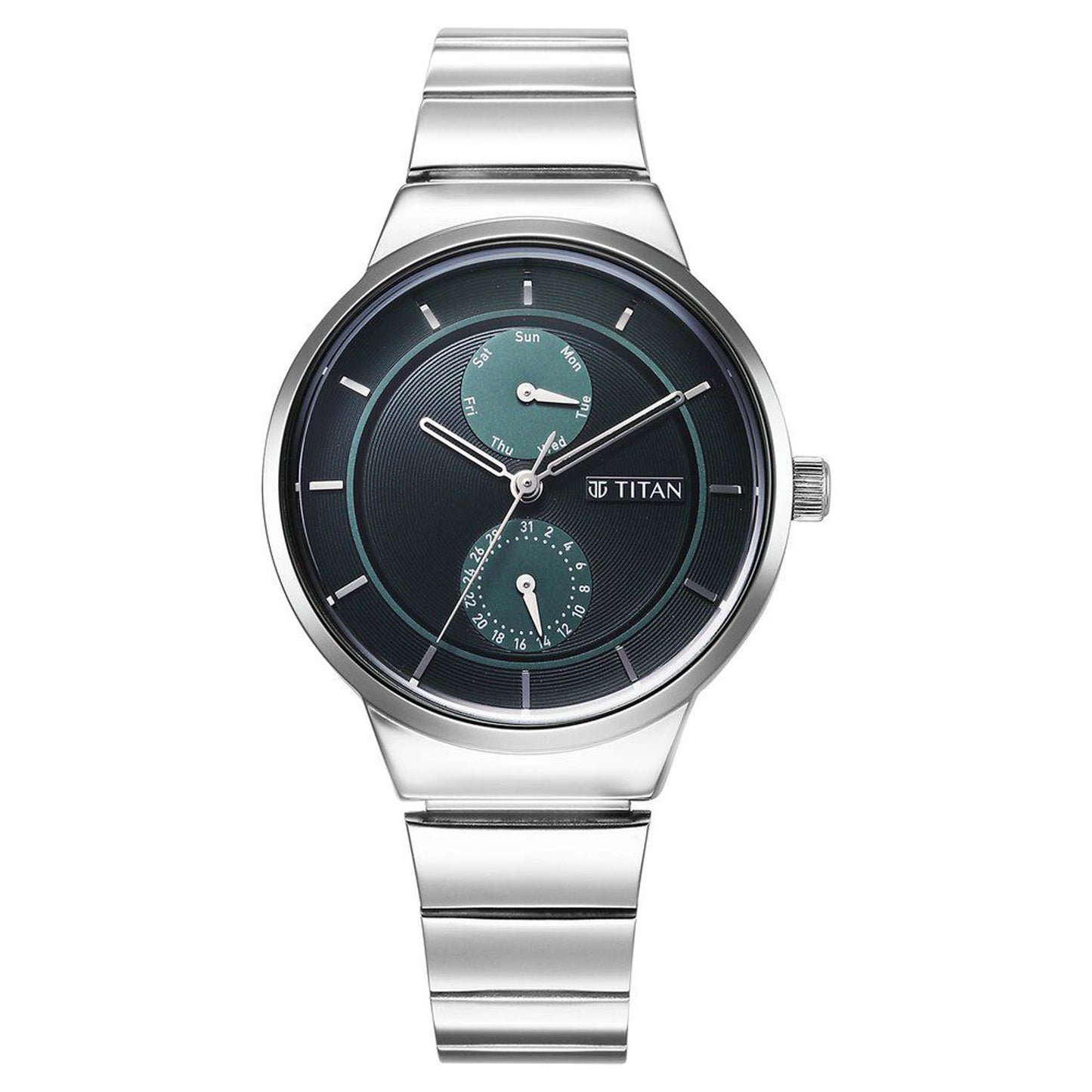 Titan Neo Multifunction Green Dial Silver Color Stainless Steel Strap Watch For Women (2761SM01)