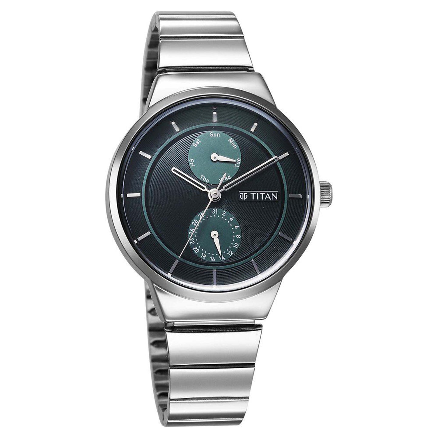 Titan Neo Multifunction Green Dial Silver Color Stainless Steel Strap Watch For Women (2761SM01)