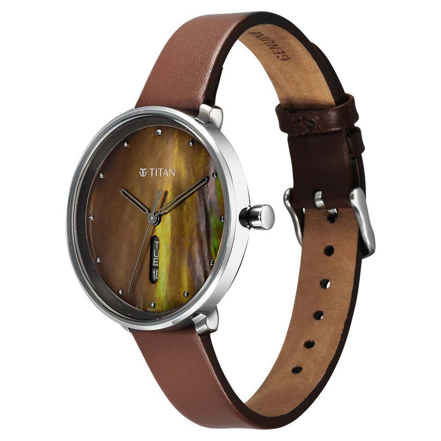Titan Neo Alog with Day and Date Mother Of Pearl Dial Brown Color Leather Strap Watch For Women (2763SL01)