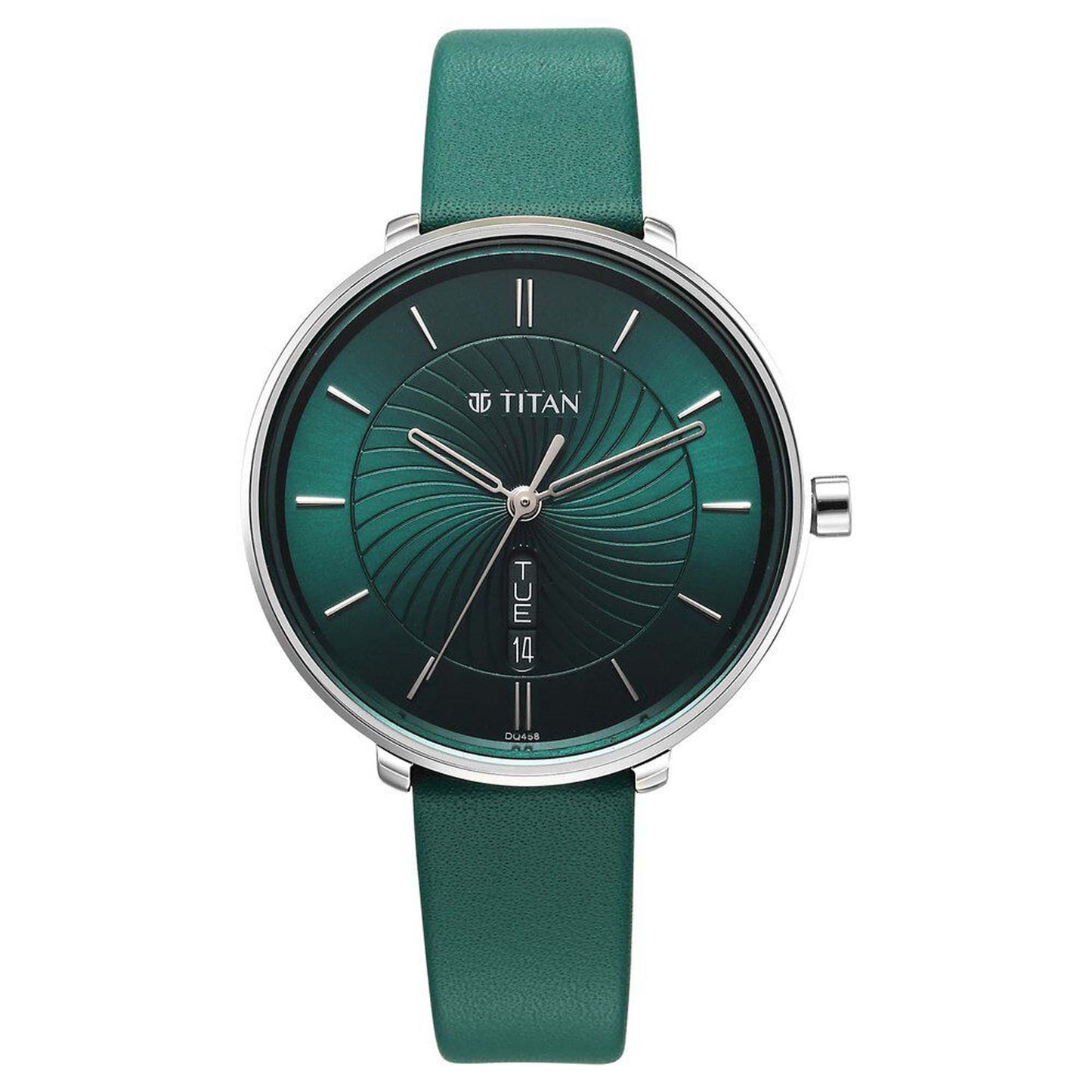 Titan Neo Alog with Day and Date Green Dial Green Color Leather Strap Watch For Women (2763SL02)