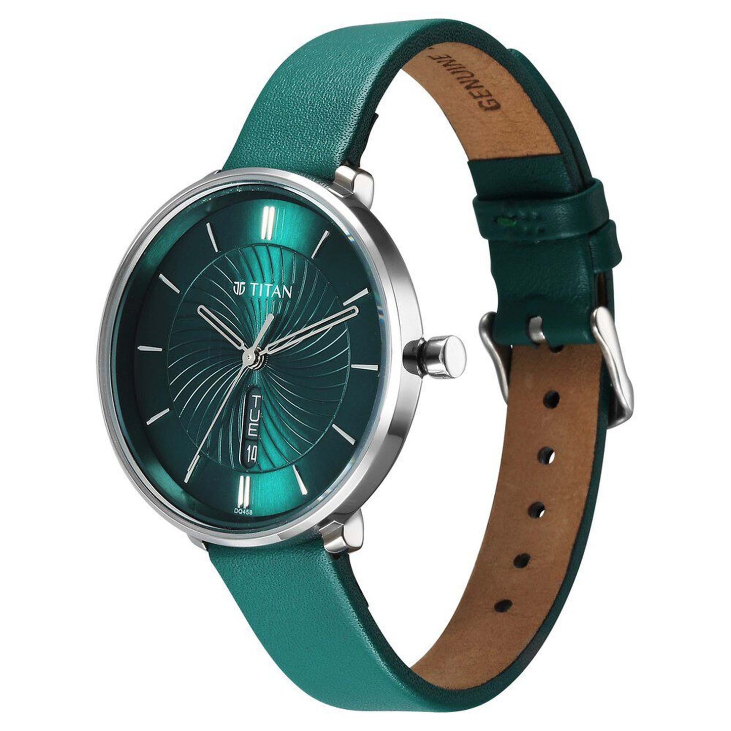 Titan Neo Alog with Day and Date Green Dial Green Color Leather Strap Watch For Women (2763SL02)