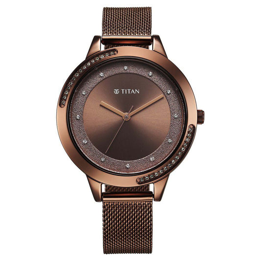 Titan Razzle Dazzle Quartz Alog Brown Dial Stainless Steel Mesh Strap Watch For Women (2764QM01)