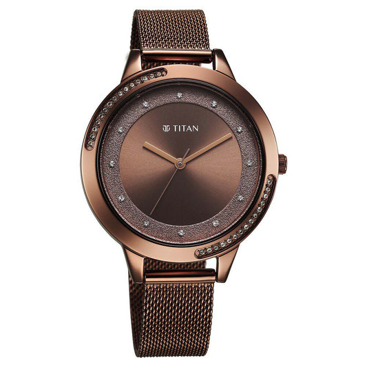 Titan Razzle Dazzle Quartz Alog Brown Dial Stainless Steel Mesh Strap Watch For Women (2764QM01)