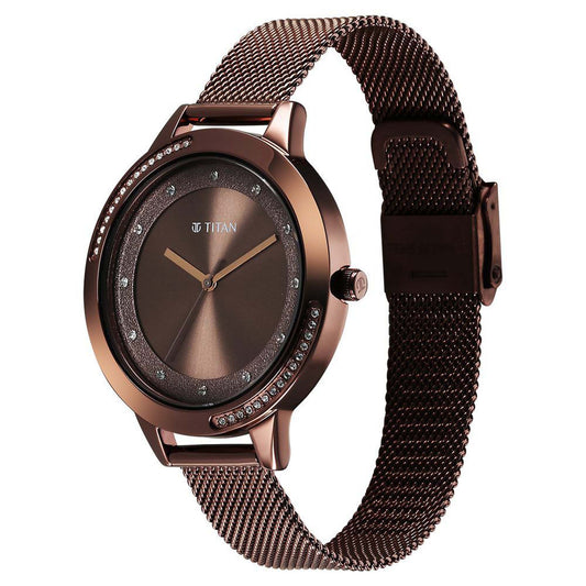 Titan Razzle Dazzle Quartz Alog Brown Dial Stainless Steel Mesh Strap Watch For Women (2764QM01)