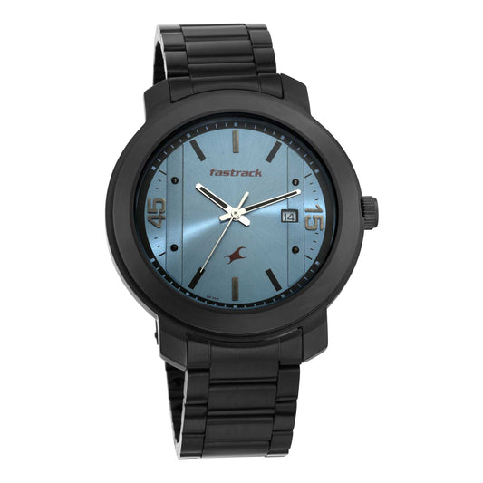 Fastrack Bare Basics Quartz Analog with Date Blue Dial Stainless Steel Strap Watch for Guys