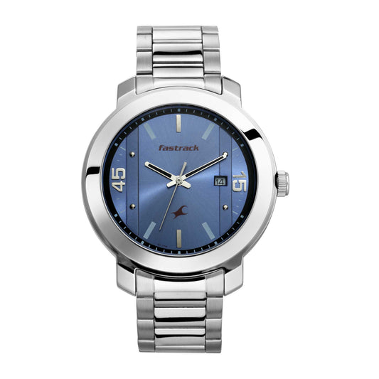 Fastrack Bare Basics Quartz Analog with Date Blue Dial Stainless Steel Strap Watch for Guys