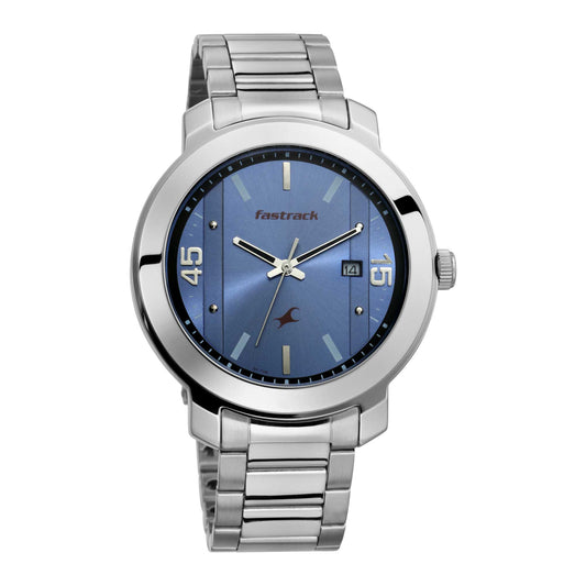 Fastrack Bare Basics Quartz Analog with Date Blue Dial Stainless Steel Strap Watch for Guys
