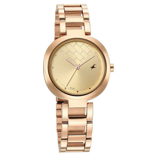 Fastrack Stunners Quartz Alog Golden Dial Stainless Steel Strap Watch for Girls