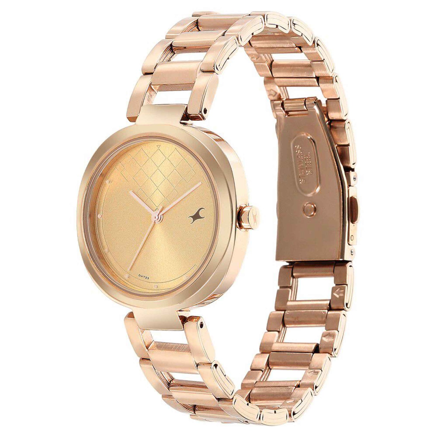 Fastrack Stunners Quartz Alog Golden Dial Stainless Steel Strap Watch for Girls