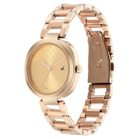 Fastrack Stunners Quartz Alog Golden Dial Stainless Steel Strap Watch for Girls