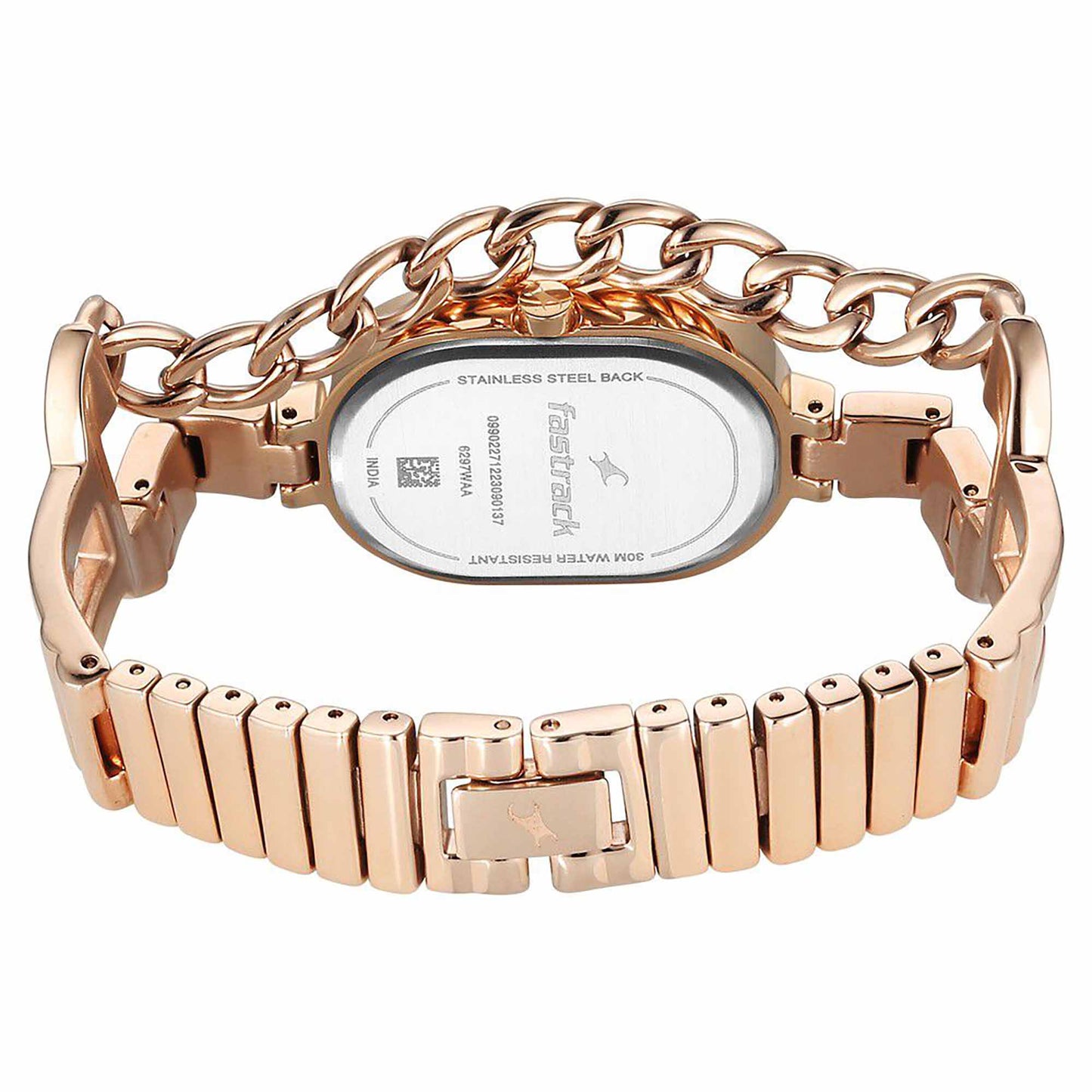 Fastrack Champagne Oval Dial Rose Gold Metal Strap Analog Watch for Women
