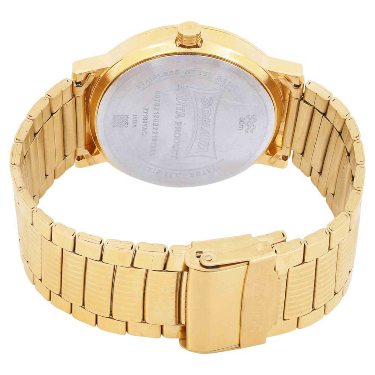 Sonata Black Dial Gold Stainless Steel Strap Analog with Date and Day Watch for Men