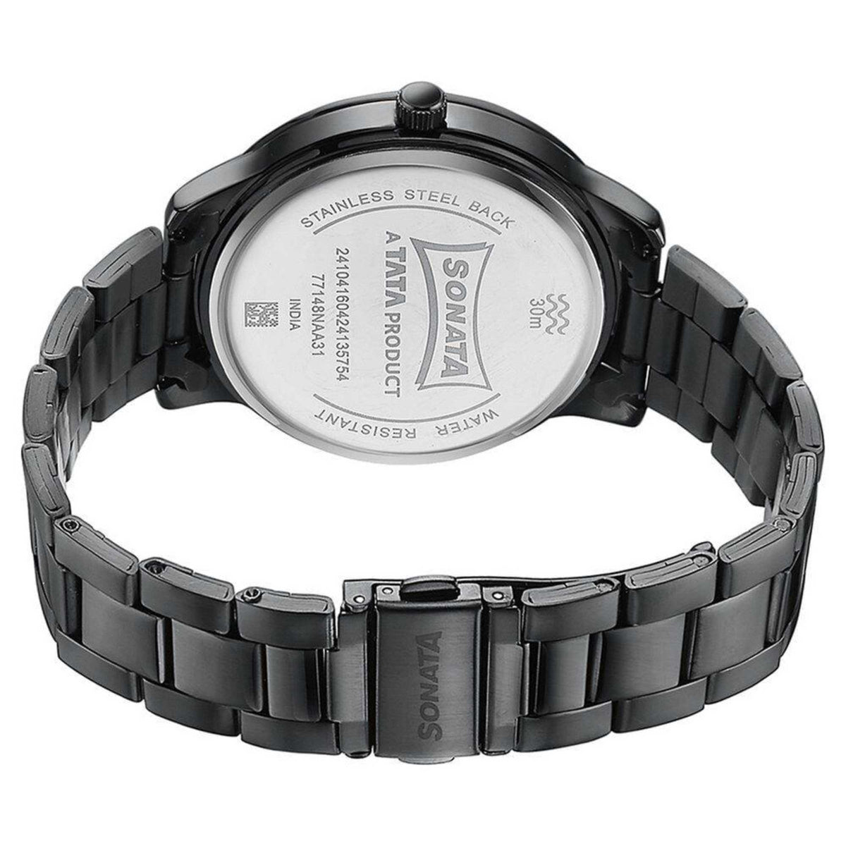 Sonata Black Dial Stainless Steel Strap Analog Watch for Men