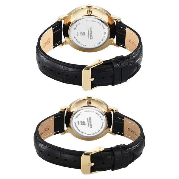 Sonata Silver Dial Black Leather Strap Analog Watch For Couple