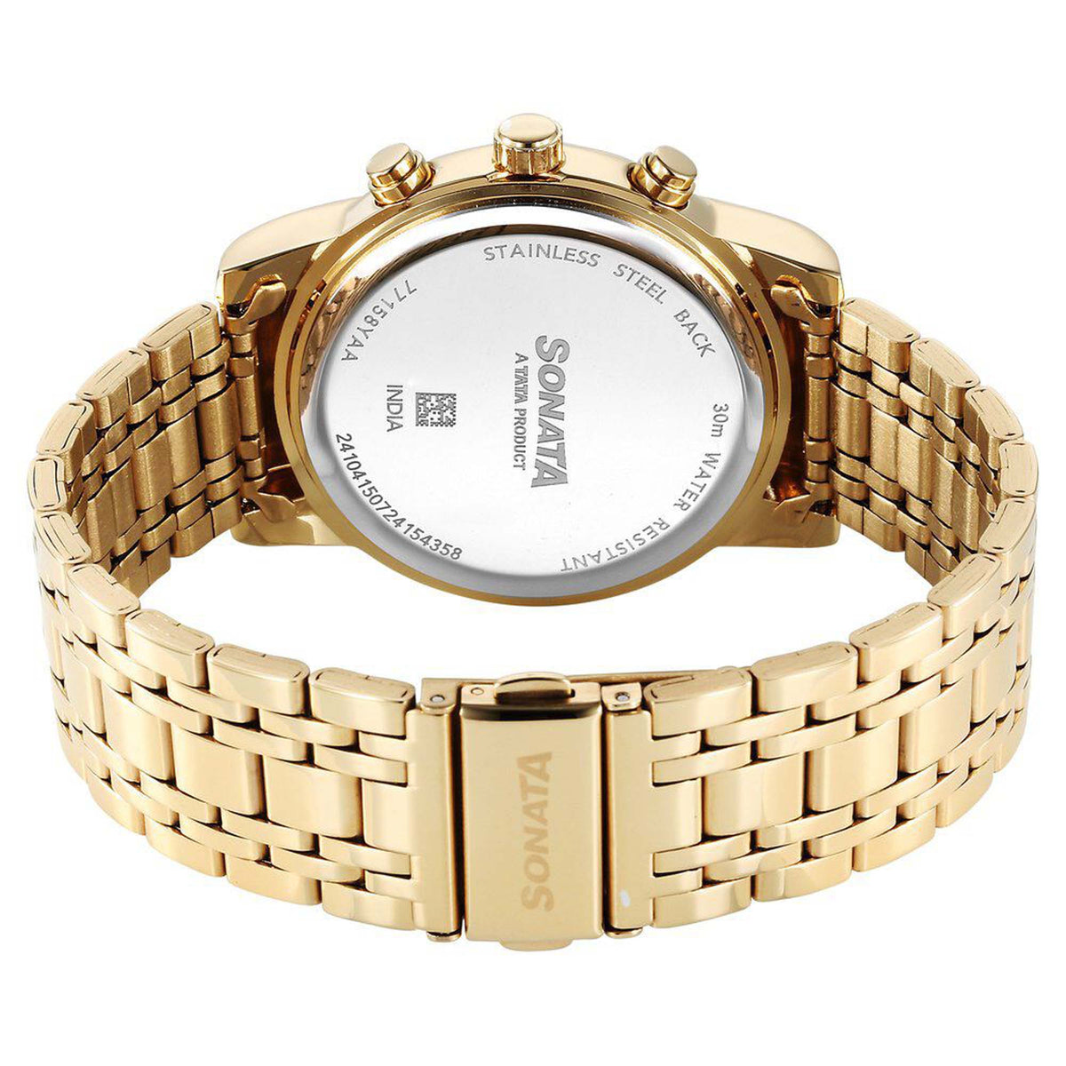 Sonata Green Dial Gold Stainless Steel Strap Multifunction Watch for Men