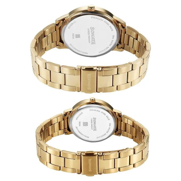 Sonata Silver Dial Golden Metal Strap Analog Watch For Couple