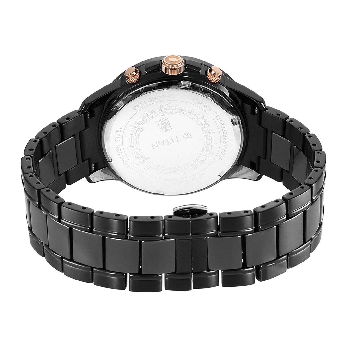 Titan Quartet Black Dial Analog with Day and Date Steel and Ceramic Strap watch for Men