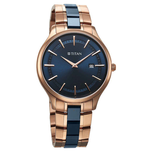 Titan Slim Ceramic Fusion Quartz Analog with Date Blue Dial Stainless Steel Strap Watch For Men