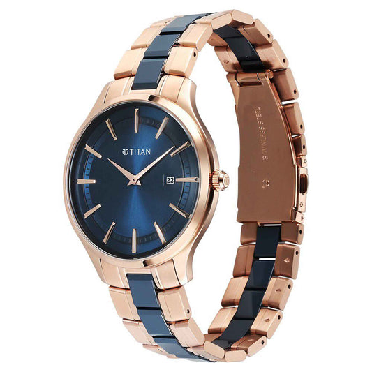 Titan Slim Ceramic Fusion Quartz Analog with Date Blue Dial Stainless Steel Strap Watch For Men