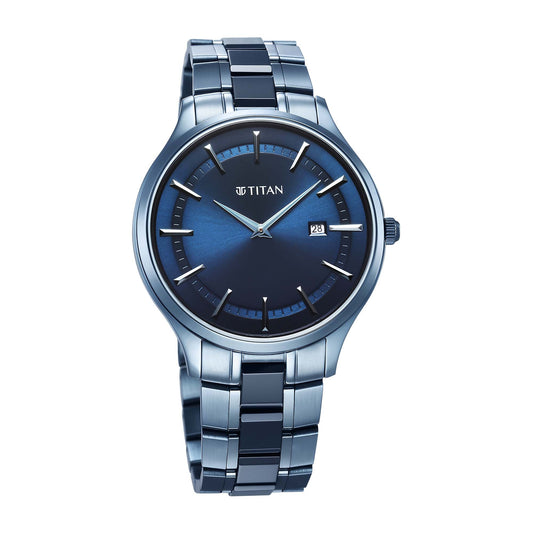 Titan Slim Ceramic Fusion Quartz Analog with Date Blue Dial Stainless Steel Strap Watch For Men
