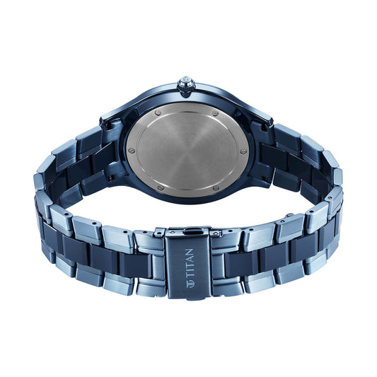 Titan Slim Ceramic Fusion Quartz Analog with Date Blue Dial Stainless Steel Strap Watch For Men