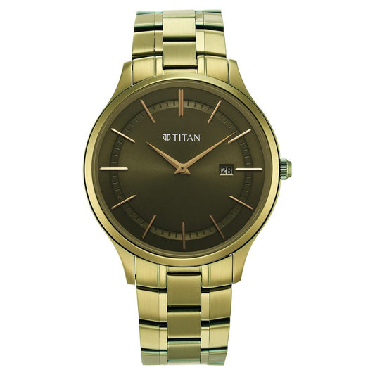 Titan Classique Slimline Green Dial Analog with Day and Date Stainless Steel Strap watch for Men