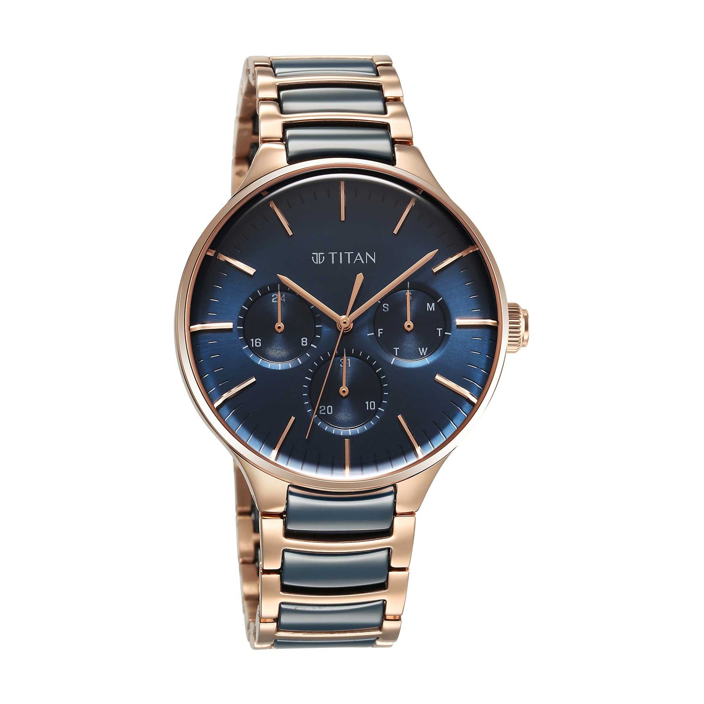 Titan Ceramic Fusion Quartz Multifunction Blue Dial With Two Toned Color Stainless Steel Strap Watch For Men