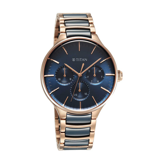Titan Ceramic Fusion Quartz Multifunction Blue Dial With Two Toned Color Stainless Steel Strap Watch For Men