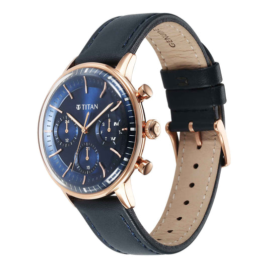 Titan Light Leathers Quartz Multifunction Blue Dial Stainless Steel Strap Watch for Men