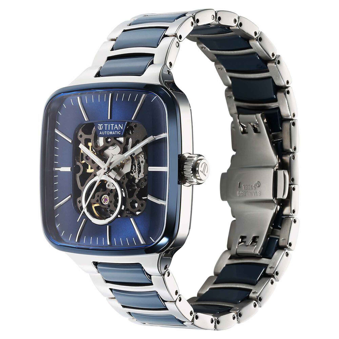 Titan Ceramic Fusion Automatic Square Blue Dial Rose Gold Dual-Toned Stainless Steel Bracelet Watch for Men