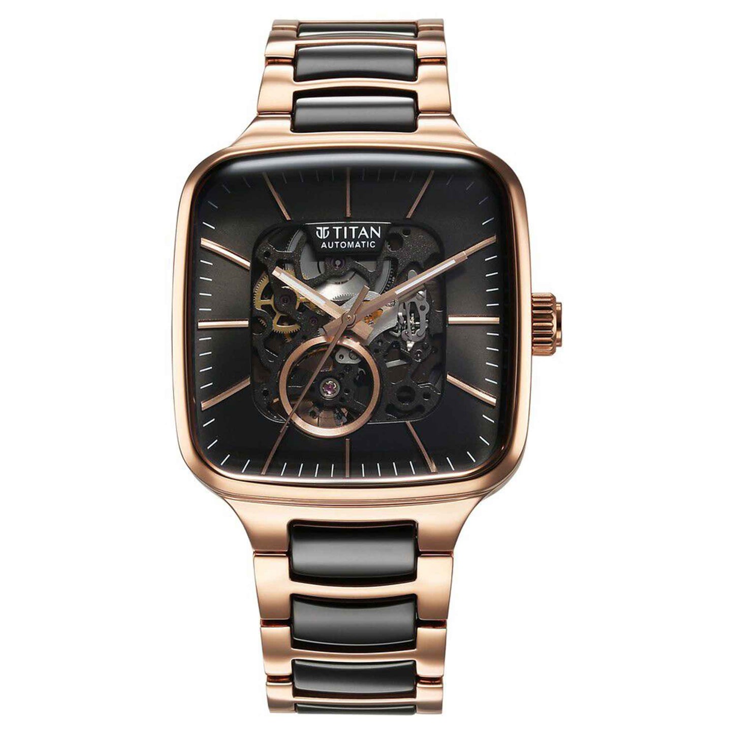 Titan Ceramic Fusion Automatic Square Black Dial Silver Dual-Toned Stainless Steel Bracelet Watch for Men