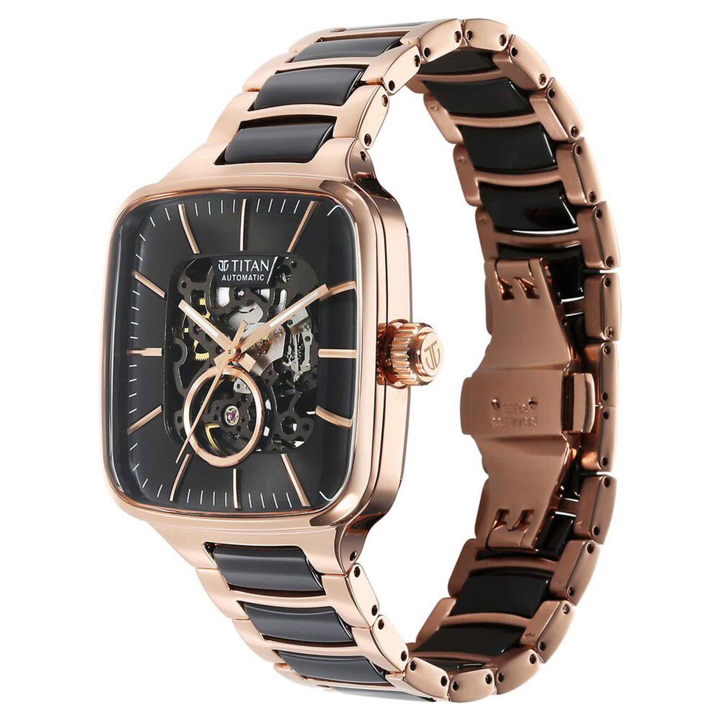 Titan Ceramic Fusion Automatic Square Black Dial Silver Dual-Toned Stainless Steel Bracelet Watch for Men