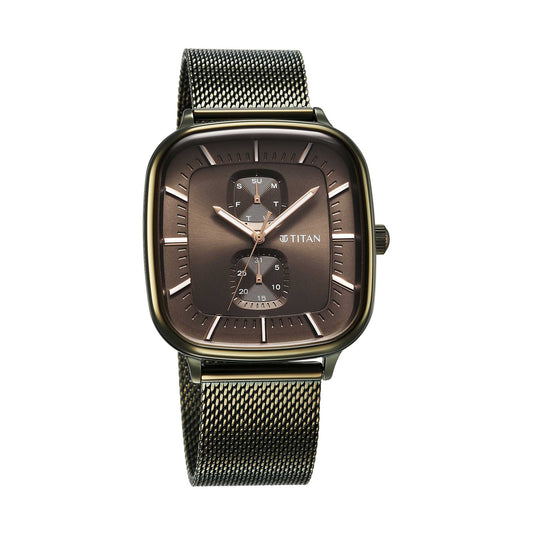 Titan Avant Garde Quartz Multifunction Brown Dial With Green Color Stainless Steel Strap Watch For Men