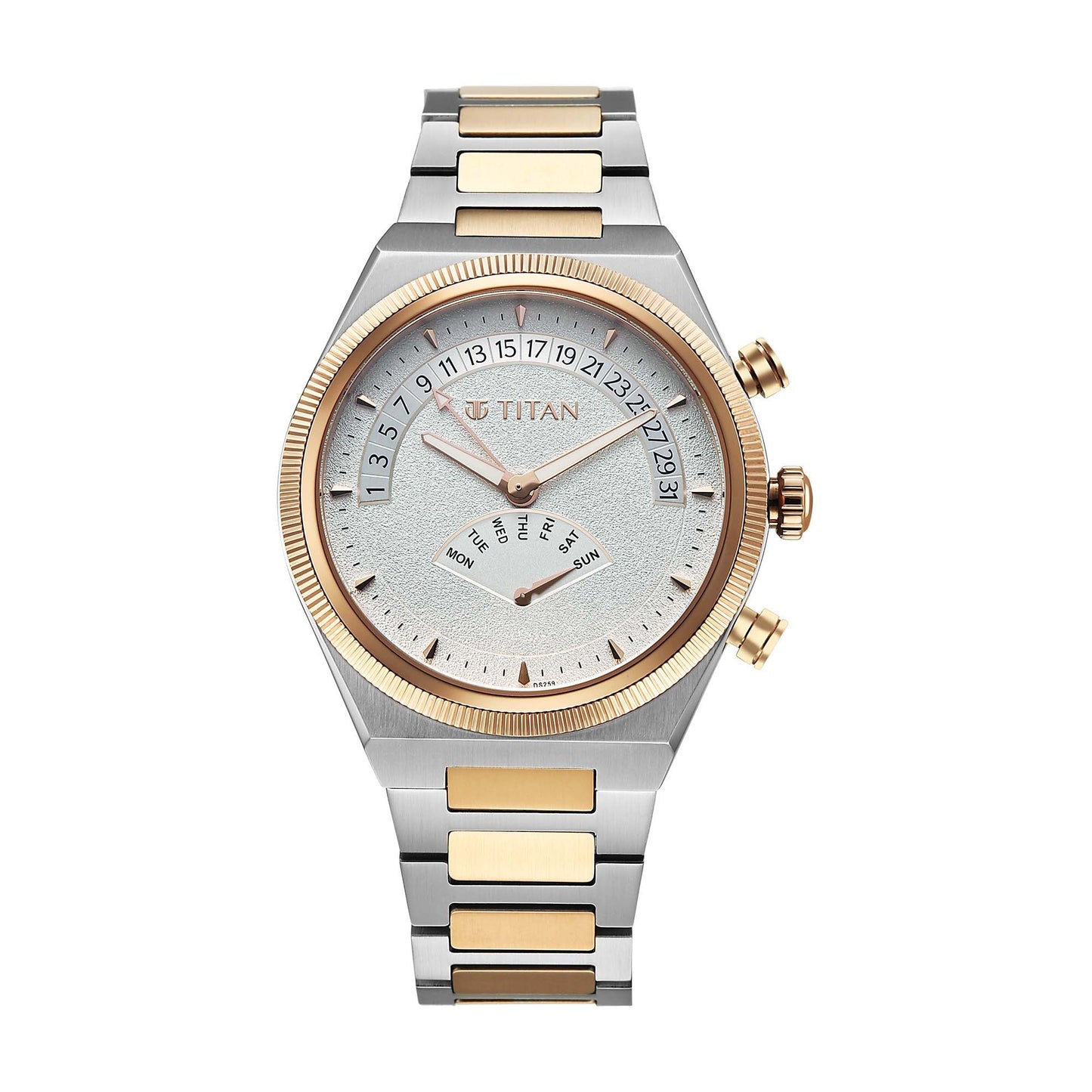 Titan Micromotors Analog with Retrograde Day and Date and Silver Dial Dual Tone Pink Stainless Steel Strap Watch for Men 90180KM01