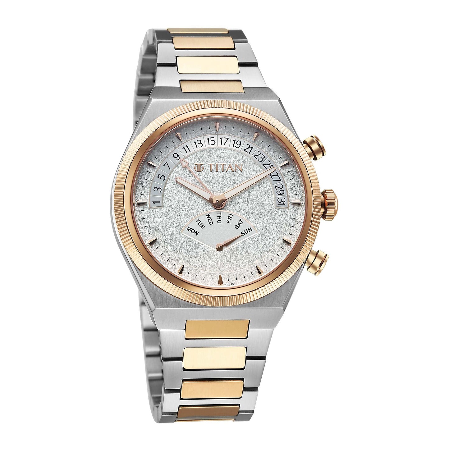 Titan Micromotors Analog with Retrograde Day and Date and Silver Dial Dual Tone Pink Stainless Steel Strap Watch for Men 90180KM01